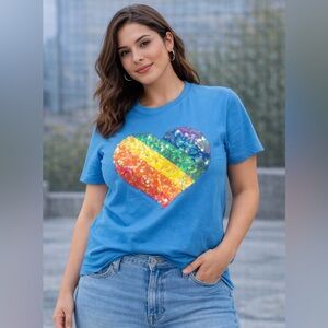 🌈 NWT! Unisex Rainbow Sequin Heart TShirt